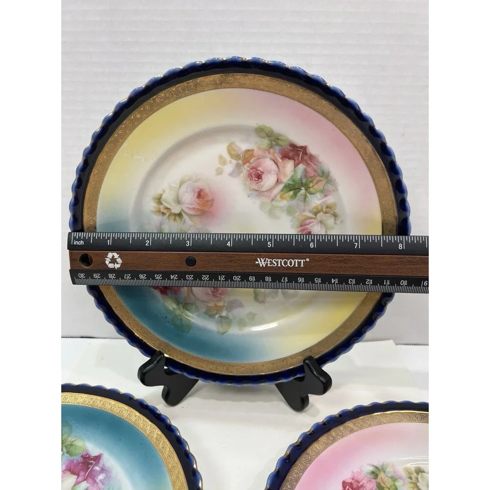 Vintage Hand Painted Porcelain Blue Bright Plate Roses Gold Gilt Scalloped Edge